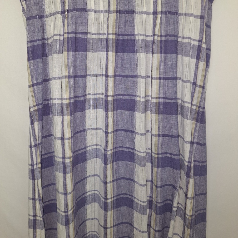 Vintage 90s Periwinkle White Plaid Linen Blend Dress 12 VTG Midi Cottagecore - Picture 4 of 16